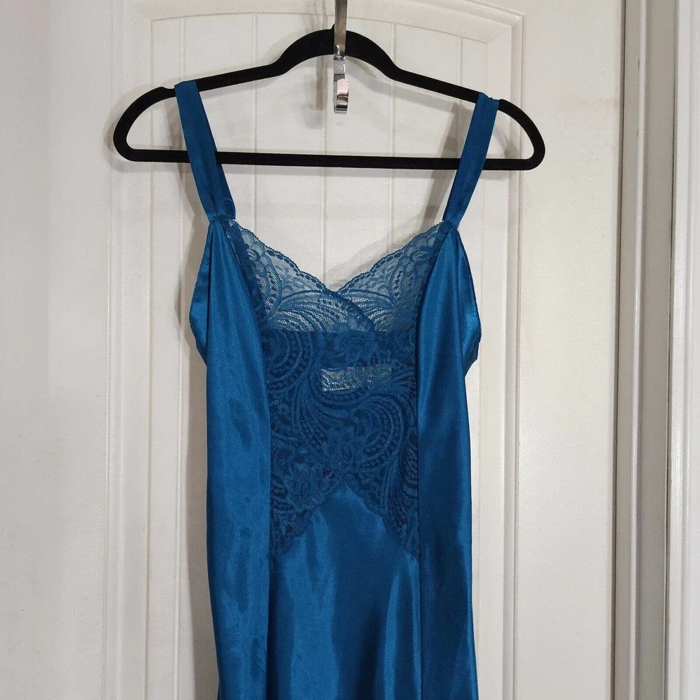 Victorias Secret Womens Slip Dress Teal Blue Satin Vtg 80s Gold Label Maxi Sz S